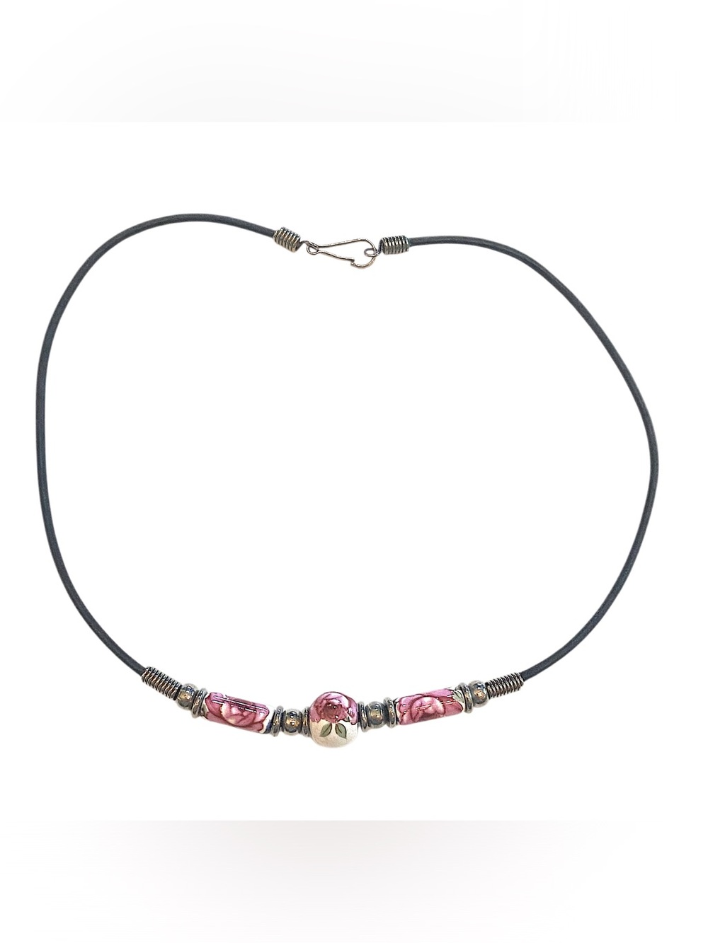 90s Vintage Porcelain Rose Beaded Leather Choker Necklace